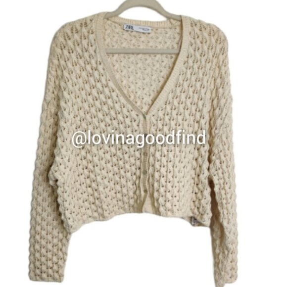 Zara Open Knit Textured Cream Cardigan NWOT sz M - Picture 11 of 13